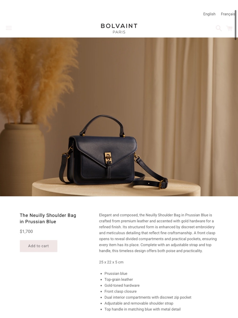 Bolvaint Neuilly Shoulder Bag in Prussian Blue - Top Handle & Adjustable Strap